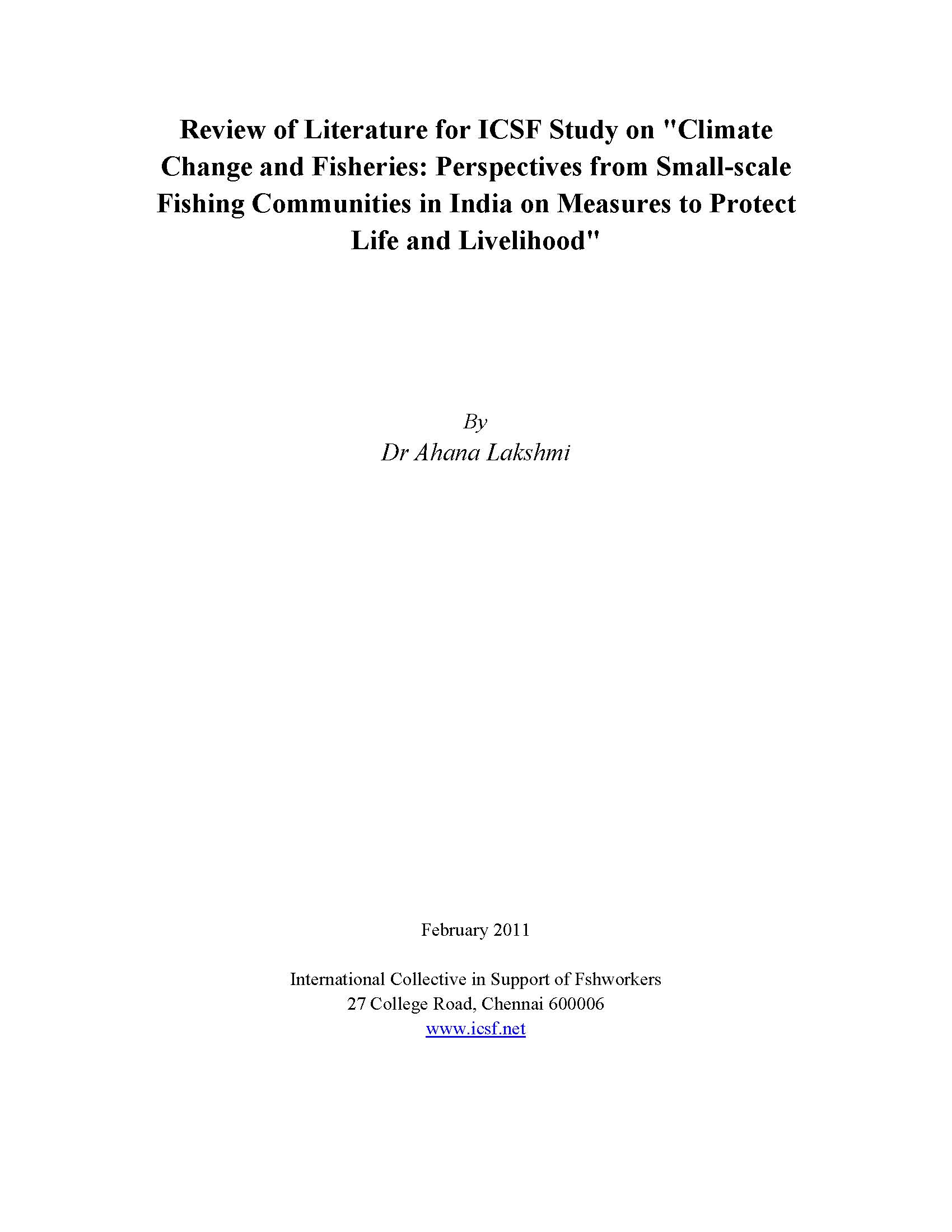 Review of Literature for ICSF Study on “Climate Change and Fisheries: Perspectives from Small-scale Fishing Communities in India on Measures to Protect Life and Livelihood”