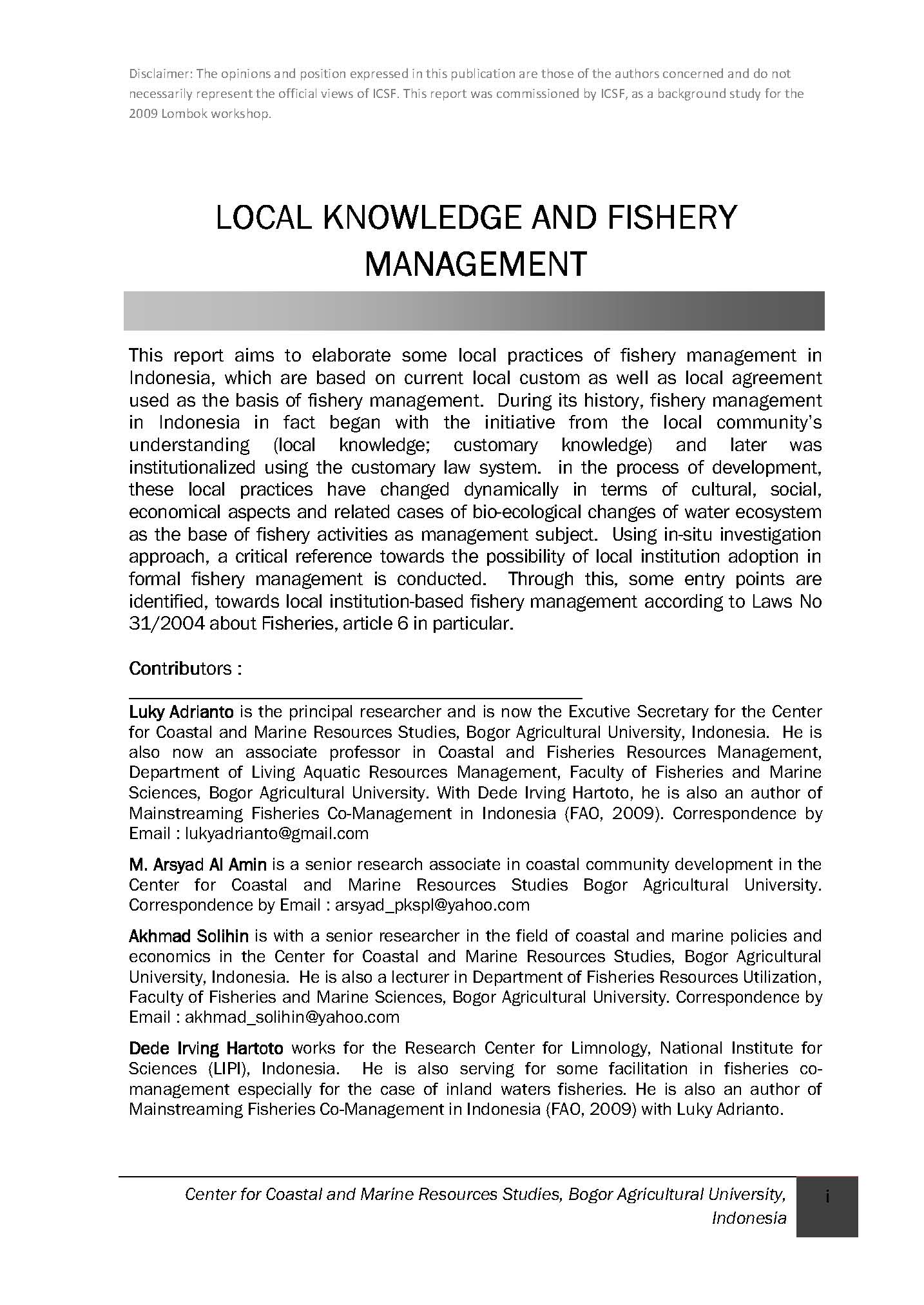 Local Knowledge and Fishery Management: This report was commissioned by ICSF, as a background study for the 2009 Lombok workshop